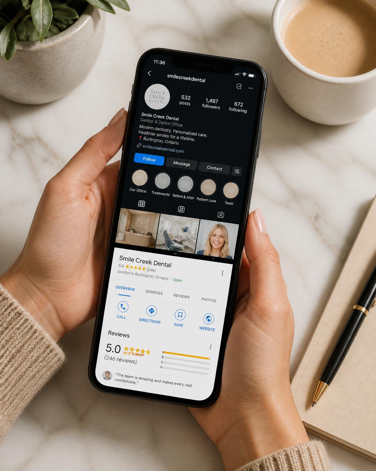 Patient viewing dental practice content on a phone