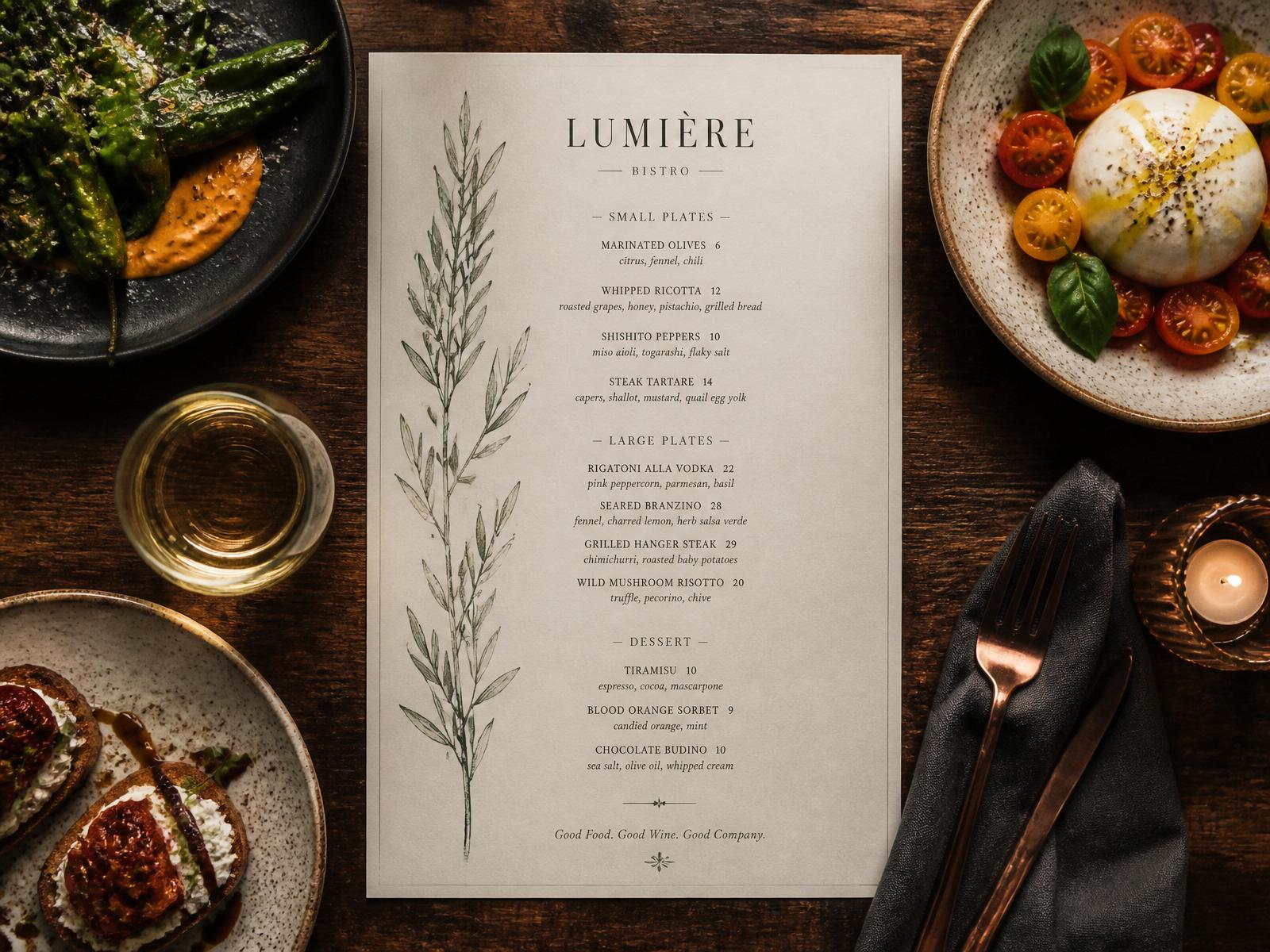 Menu and food photography