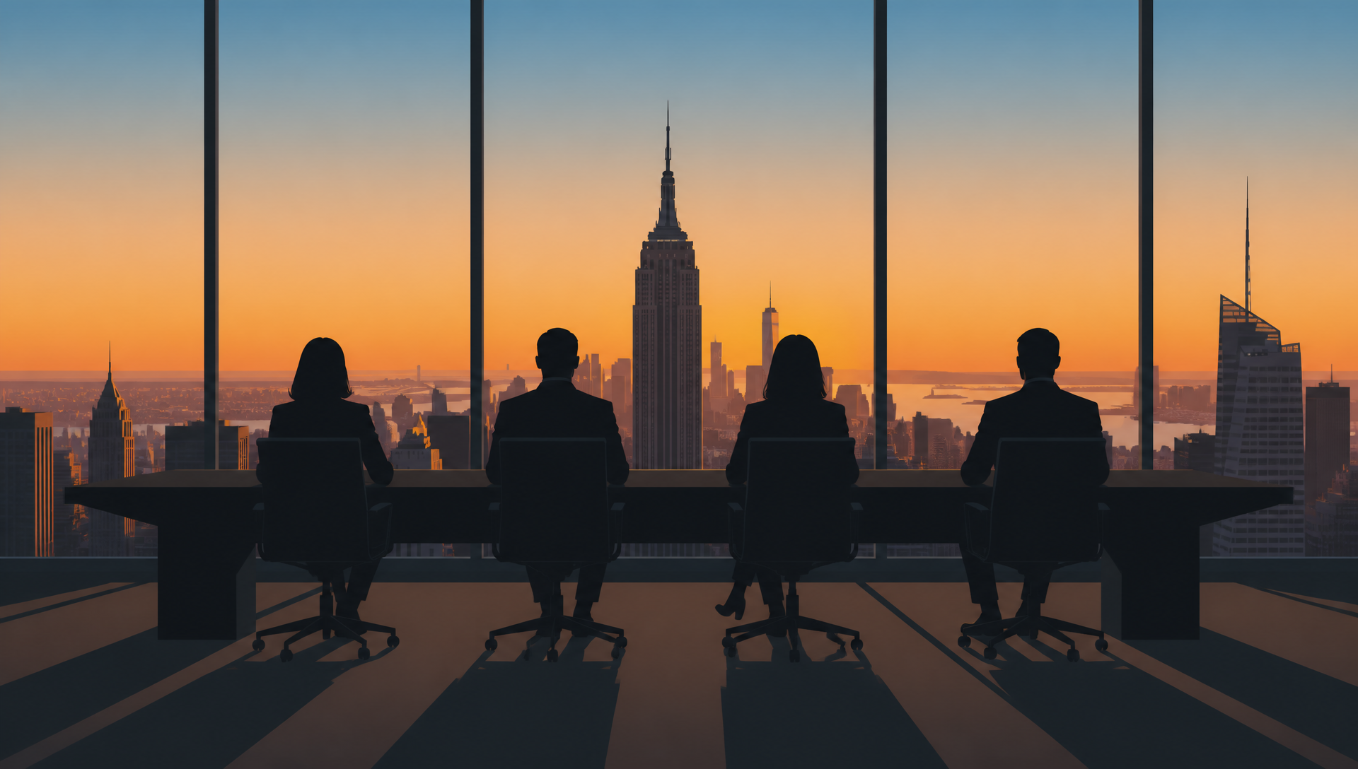 Vector illustration of a boardroom overlooking the Manhattan skyline at sunset